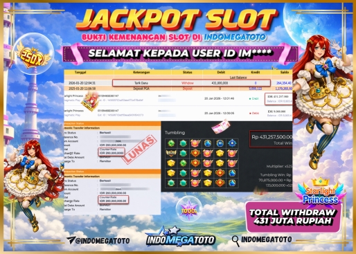 INDOMEGATOTO JACKPOT SLOT STARLIGHT PRINCESS Rp 431.000.000,- LUNAS